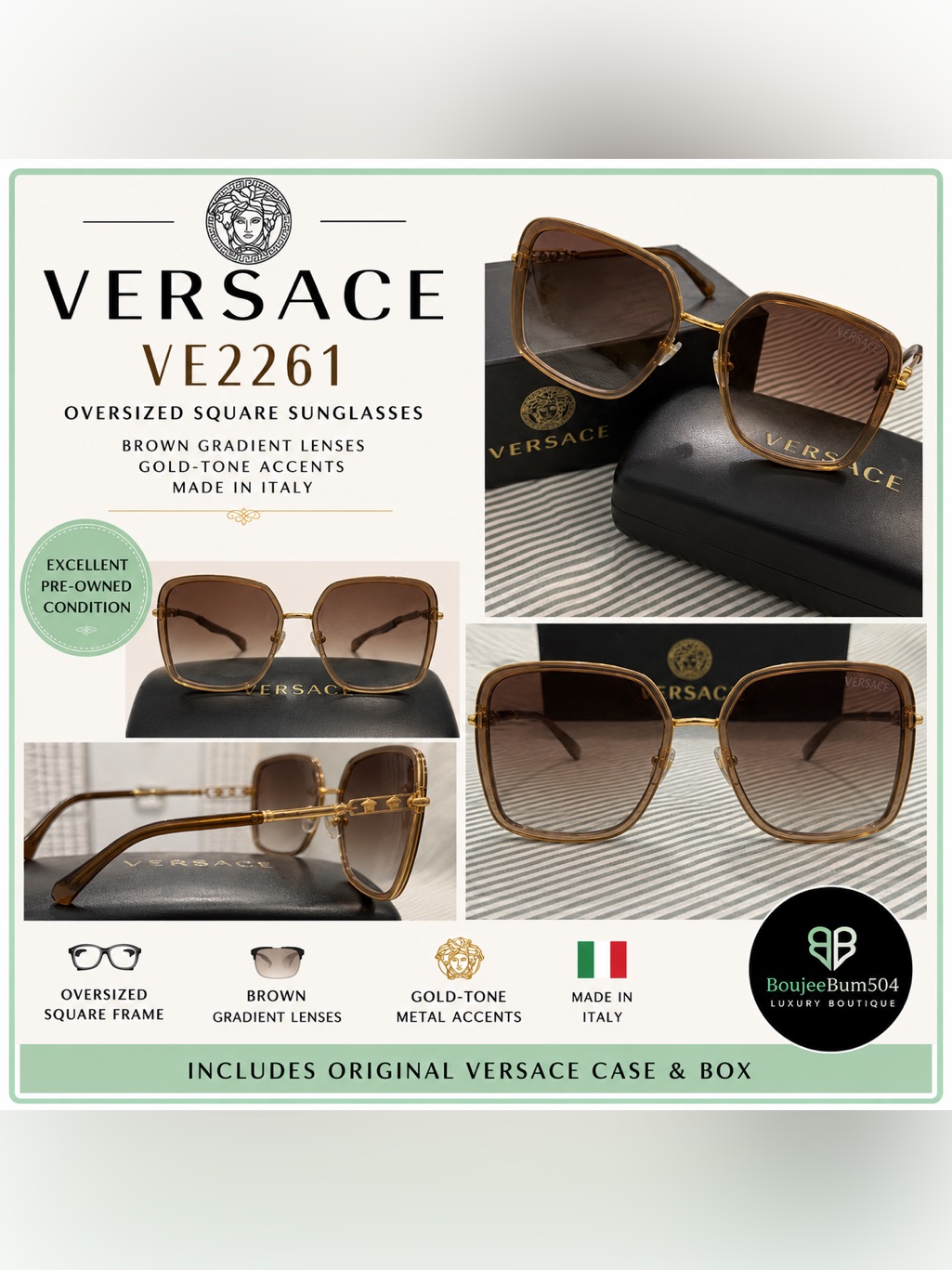 Versace Ve2261 Oversized Square Sunglasses Brown Gradient Gold Italy W/ Case